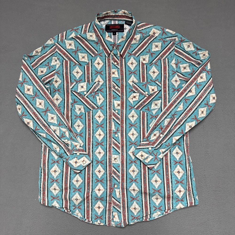 Rock And Roll Pearl Snap Denim Shirt Mens Sz XL Southwestern Aztec Cowboy Rodeo